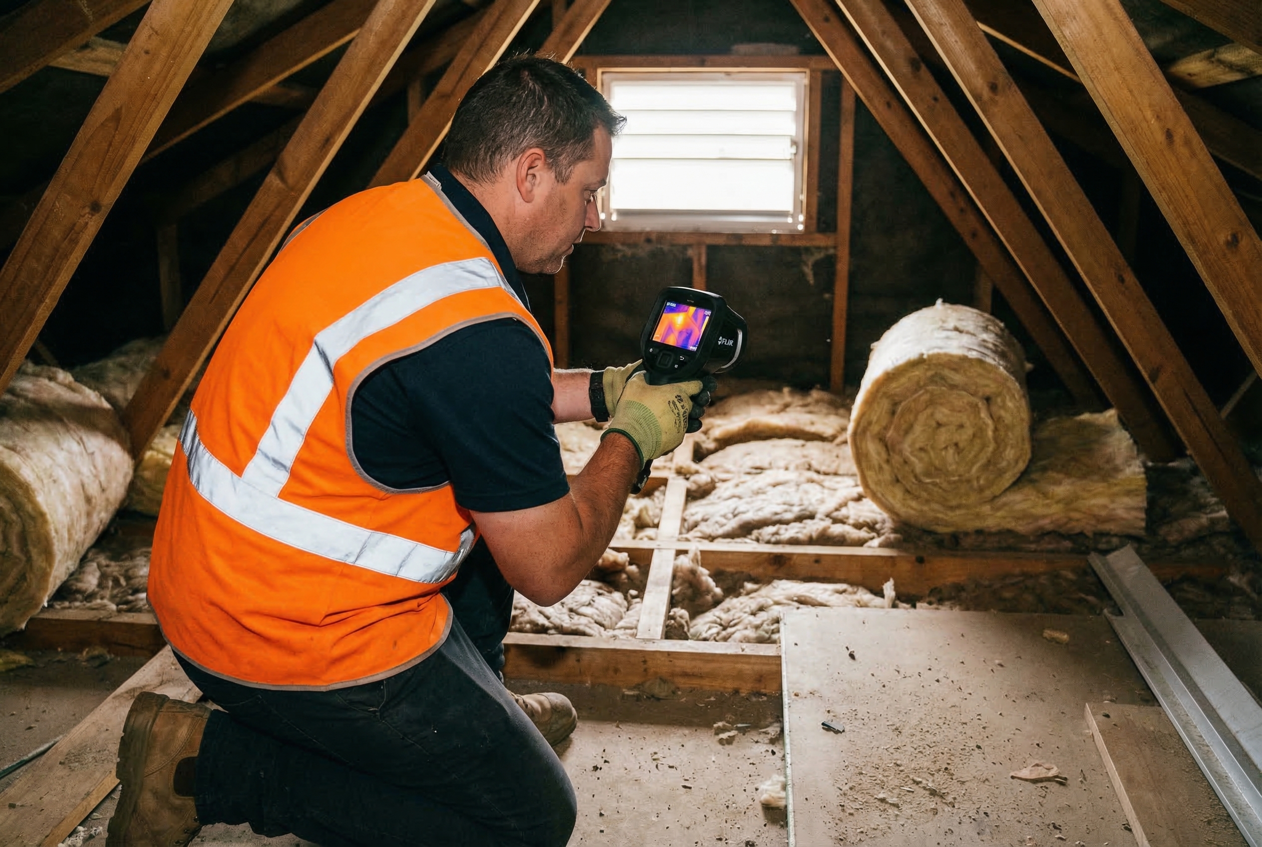 Expert thermique inspectant une isolation dans des combles