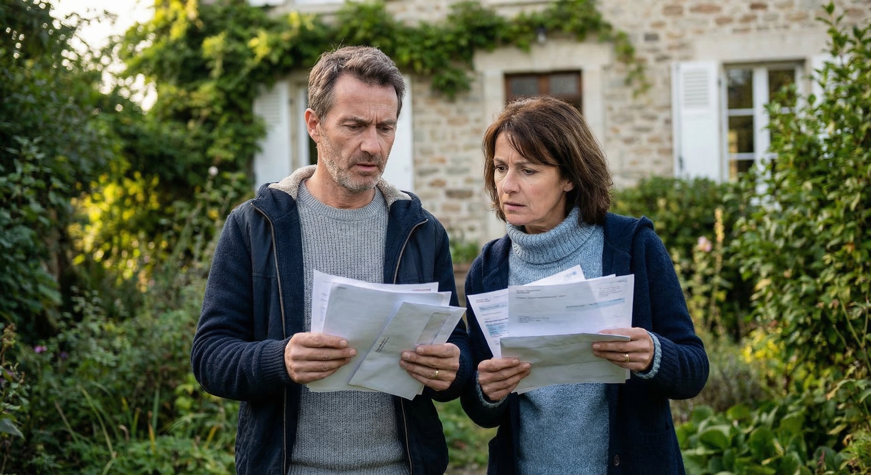Couple inquiet examinant des documents devant leur maison